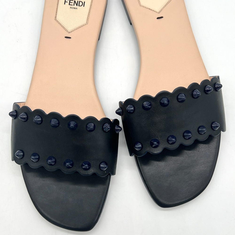 Fendi Sandalo Vitello Borchie Sz 41 Flat Studded Slide Black Navy W Bag $550 - Picture 3 of 9